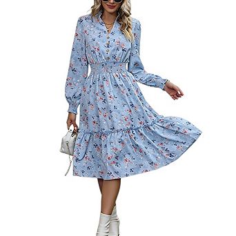 Women's Floral Boho Long Sleeve Midi Dress V Neck Empire Waist Swing Flowy Wedding Guest Dress