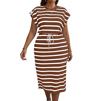 Womens Plus Size Striped Crewneck Cap Sleeve Color Block Casual Tshirt Dress