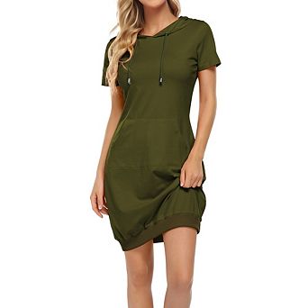 Women's Causal Short Sleeve Hooded Sweatshirt Dress Pullover Loose Fit Hoodie Dress Kangaroo Pocket