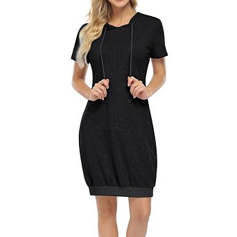 Women's Causal Short Sleeve Hooded Sweatshirt Dress Pullover Loose Fit Hoodie Dress Kangaroo Pocket