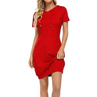Women's Causal Short Sleeve Hooded Sweatshirt Dress Pullover Loose Fit Hoodie Dress Kangaroo Pocket