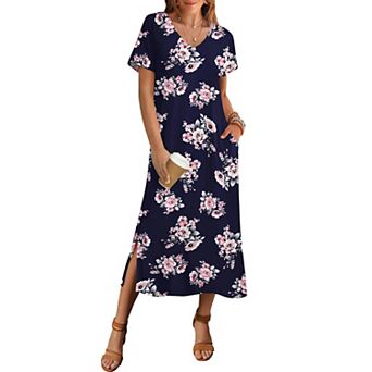 Zeagoo Women's Short Sleeve Floral Maxi Beach Sundress with Pockets Casual Loose Long Split Dresses