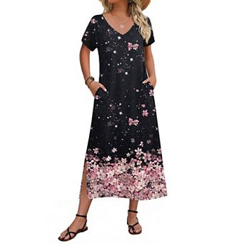 Zeagoo Women's Short Sleeve Floral Maxi Beach Sundress with Pockets Casual Loose Long Split Dresses