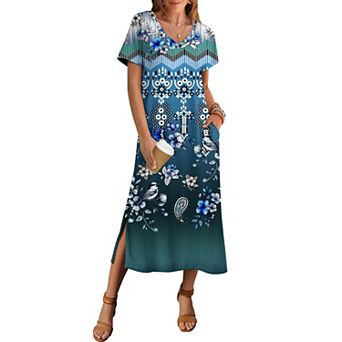 Zeagoo Women's Short Sleeve Floral Maxi Beach Sundress with Pockets Casual Loose Long Split Dresses