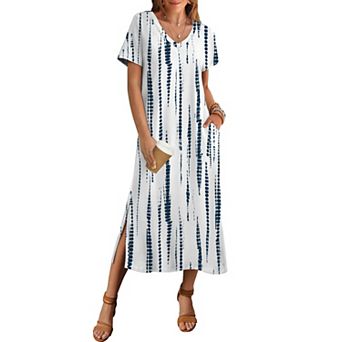 Zeagoo Women's Short Sleeve Floral Maxi Beach Sundress with Pockets Casual Loose Long Split Dresses