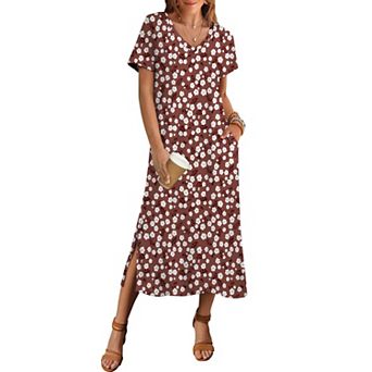 Zeagoo Women's Short Sleeve Floral Maxi Beach Sundress with Pockets Casual Loose Long Split Dresses