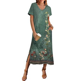 Zeagoo Women's Short Sleeve Floral Maxi Beach Sundress with Pockets Casual Loose Long Split Dresses