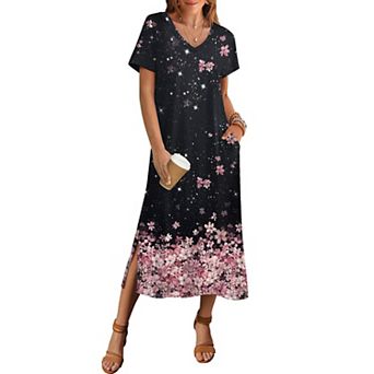 Zeagoo Women's Short Sleeve Floral Maxi Beach Sundress with Pockets Casual Loose Long Split Dresses