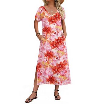 Zeagoo Women's Short Sleeve Floral Maxi Beach Sundress with Pockets Casual Loose Long Split Dresses