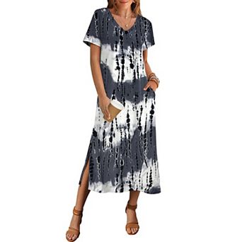 Zeagoo Women's Short Sleeve Floral Maxi Beach Sundress with Pockets Casual Loose Long Split Dresses