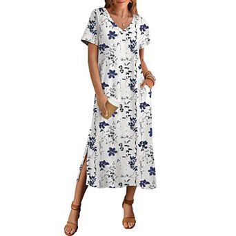 Zeagoo Women's Short Sleeve Floral Maxi Beach Sundress with Pockets Casual Loose Long Split Dresses