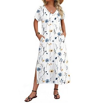 Zeagoo Women's Short Sleeve Floral Maxi Beach Sundress with Pockets Casual Loose Long Split Dresses