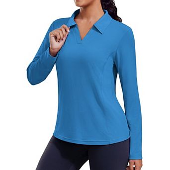 Pinspark Women's Long Sleeve V Neck Golf Polo Shirt UPF50+ Lightweight Top for Hiking Running Yoga