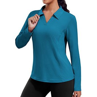 Pinspark Women's Long Sleeve V Neck Golf Polo Shirt UPF50+ Lightweight Top for Hiking Running Yoga