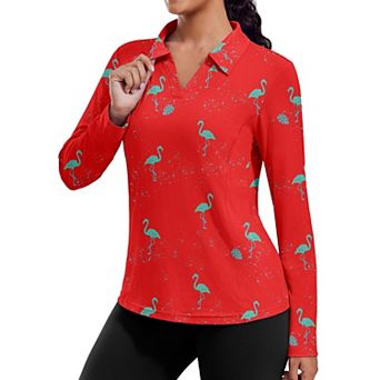 Pinspark Women's Long Sleeve V Neck Golf Polo Shirt UPF50+ Lightweight Top for Hiking Running Yoga