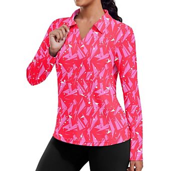 Pinspark Women's Long Sleeve V Neck Golf Polo Shirt UPF50+ Lightweight Top for Hiking Running Yoga