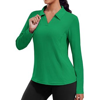 Pinspark Women's Long Sleeve V Neck Golf Polo Shirt UPF50+ Lightweight Top for Hiking Running Yoga