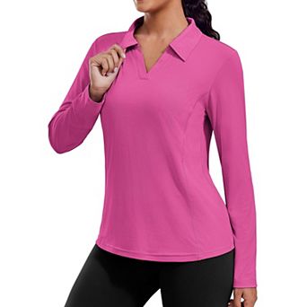 Pinspark Women's Long Sleeve V Neck Golf Polo Shirt UPF50+ Lightweight Top for Hiking Running Yoga