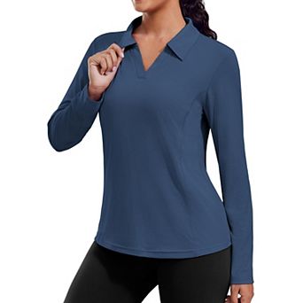 Pinspark Women's Long Sleeve V Neck Golf Polo Shirt UPF50+ Lightweight Top for Hiking Running Yoga