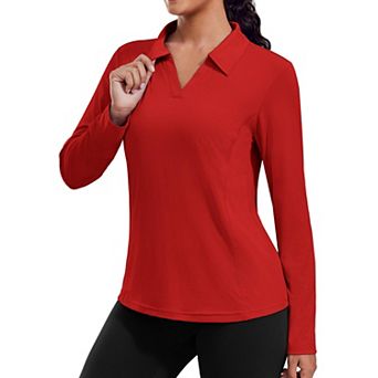 Pinspark Women's Long Sleeve V Neck Golf Polo Shirt UPF50+ Lightweight Top for Hiking Running Yoga