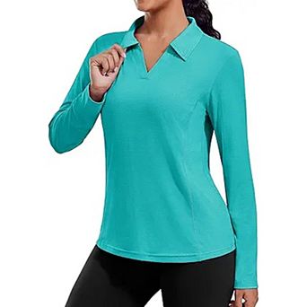 Pinspark Women's Long Sleeve V Neck Golf Polo Shirt UPF50+ Lightweight Top for Hiking Running Yoga