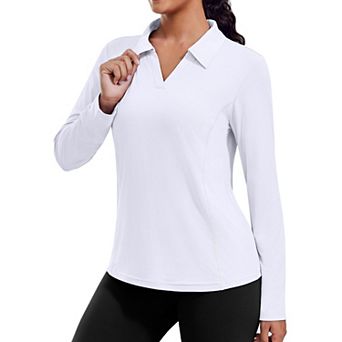 Pinspark Women's Long Sleeve V Neck Golf Polo Shirt UPF50+ Lightweight Top for Hiking Running Yoga