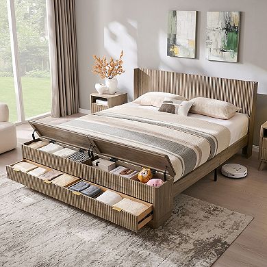 Fluted Wood King & Queen Platform Bed Frame with Wingback Headboard, Storage Bench with 2 Drawers