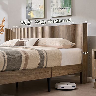 Fluted Wood King & Queen Platform Bed Frame with Wingback Headboard, Storage Bench with 2 Drawers