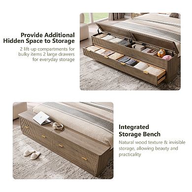 Fluted Wood King & Queen Platform Bed Frame with Wingback Headboard, Storage Bench with 2 Drawers