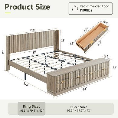 Fluted Wood King & Queen Platform Bed Frame with Wingback Headboard, Storage Bench with 2 Drawers