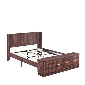 Fluted Wood King & Queen Platform Bed Frame with Wingback Headboard, Storage Bench with 2 Drawers