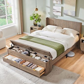 Fluted Wood King & Queen Platform Bed Frame with Wingback Headboard, Storage Bench with 2 Drawers