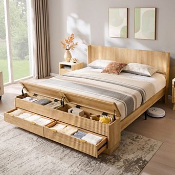 Fluted Wood King & Queen Platform Bed Frame with Wingback Headboard, Storage Bench with 2 Drawers