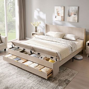 Fluted Wood King & Queen Platform Bed Frame with Wingback Headboard, Storage Bench with 2 Drawers