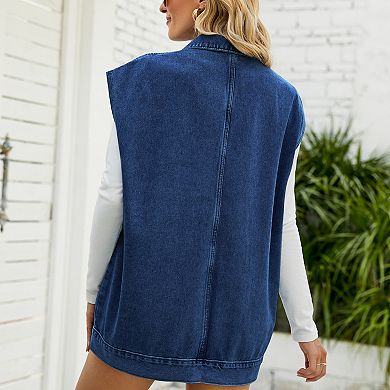 Women's Denim Vest Mid Long Jean Vest Sleeveless Button Down Vest Shacket Jacket