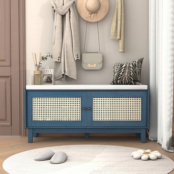 Bohemian Rattan Entryway Shoe Bench, Ideal for Entryway Hallway