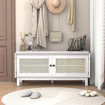 Bohemian Rattan Entryway Shoe Bench, Ideal for Entryway Hallway