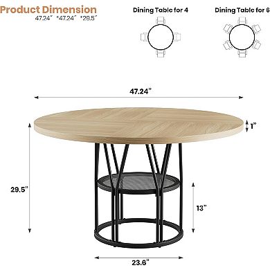 47" Round Dining Table with Storage,Modern Space-Saving Kitchen Table for 4-6, Sturdy Metal Frame