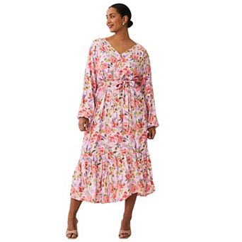 Ellos Plus Size Button Front Midi Dress With Self Belt