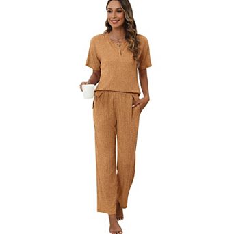 Ekouaer Womens Ribbed Knit Lounge Set Pajama Set Short Sleeve Loungewear Henly Neck Top and Pants