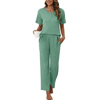 Ekouaer Womens Ribbed Knit Lounge Set Pajama Set Short Sleeve Loungewear Henly Neck Top and Pants