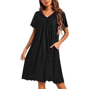 Ekouaer Nightgowns for Women Short Sleeve House Dress with Pockets Pleated Soft Moomoo V Neck