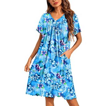 Ekouaer Nightgowns for Women Short Sleeve House Dress with Pockets Pleated Soft Moomoo V Neck