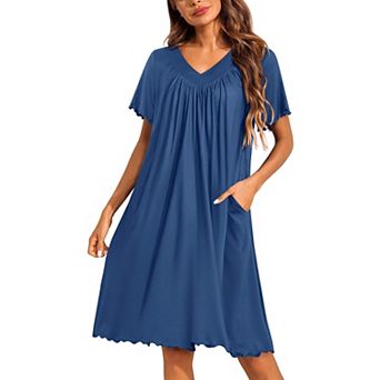 Ekouaer Nightgowns for Women Short Sleeve House Dress with Pockets Pleated Soft Moomoo V Neck