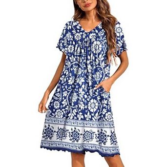 Ekouaer Nightgowns for Women Short Sleeve House Dress with Pockets Pleated Soft Moomoo V Neck