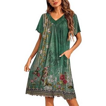Ekouaer Nightgowns for Women Short Sleeve House Dress with Pockets Pleated Soft Moomoo V Neck