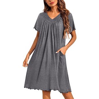 Ekouaer Nightgowns for Women Short Sleeve House Dress with Pockets Pleated Soft Moomoo V Neck