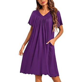 Ekouaer Nightgowns for Women Short Sleeve House Dress with Pockets Pleated Soft Moomoo V Neck