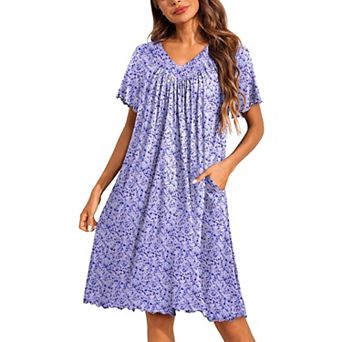 Ekouaer Nightgowns for Women Short Sleeve House Dress with Pockets Pleated Soft Moomoo V Neck