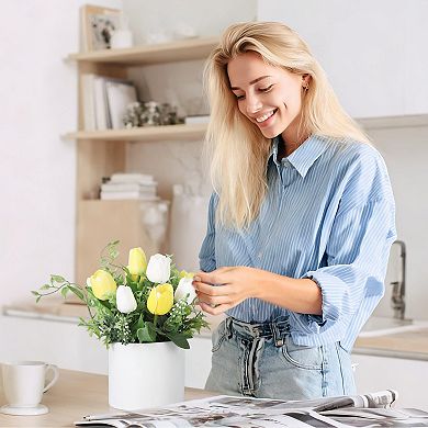 Real Touch Artificial Tulip in Pot, Lifelike Floral Arrangement for Tabletop Easter Decoration